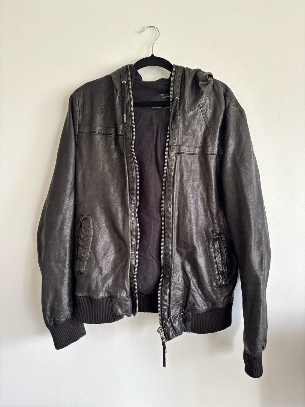Mens All Saints black hooded leather jacket Large